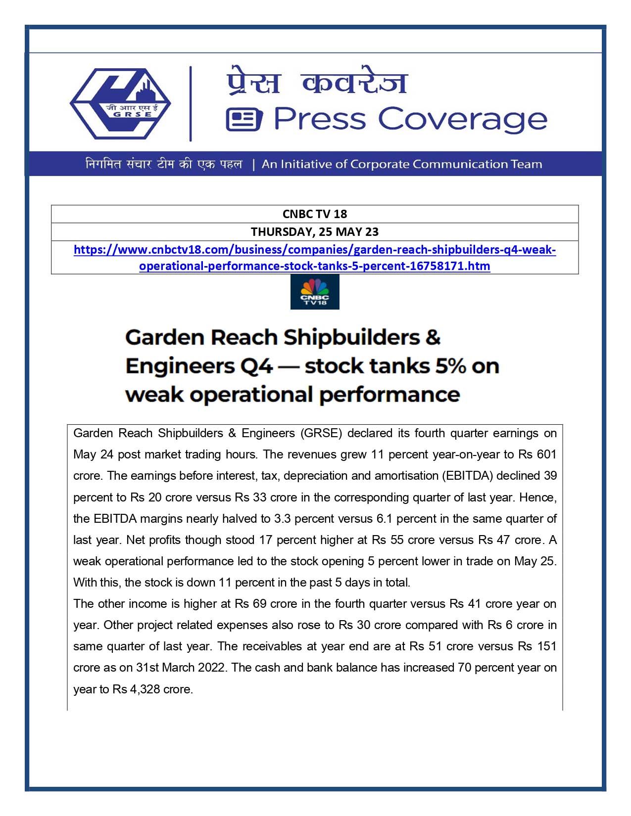 Garden Reach Shipbuilders & Engineers Q4 - stock tanks 5% on weak operational performance